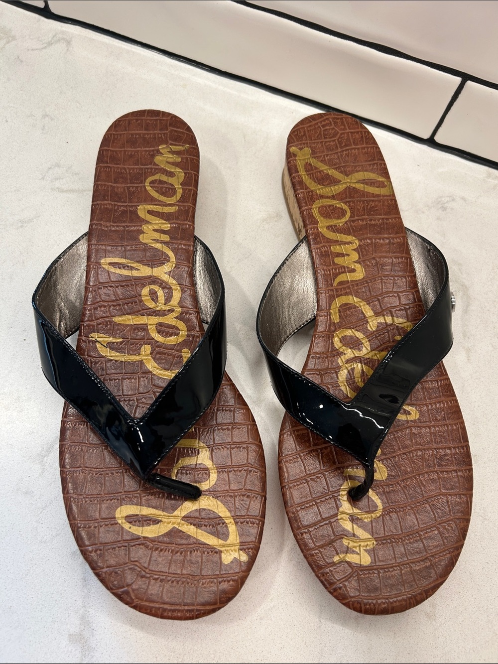 Sam Edelman Women’s Tanya Cork Wedge Sandals Black Patent Leather SlipOn 12 M